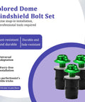 Hella Durable 10 Pack M5 Motorcycle Windshield Bolt Kit Rust Resistant Aluminum Alloy Screws And Nuts Universal Motorbike Windscreen Mounting Fastener Hardware Green showing three green dome bolts.