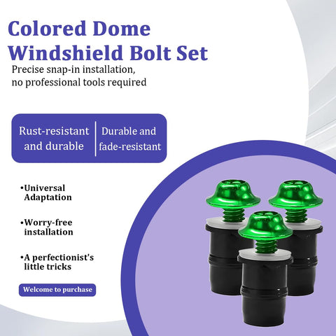 Hella Durable 10 Pack M5 Motorcycle Windshield Bolt Kit Rust Resistant Aluminum Alloy Screws And Nuts Universal Motorbike Windscreen Mounting Fastener Hardware Green showing three green dome bolts.