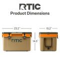 Front and side view of Ultra Light 32 Quart Cooler That Weighs 30 Percent Less Than Rotomolded Coolers with dimensions shown.
