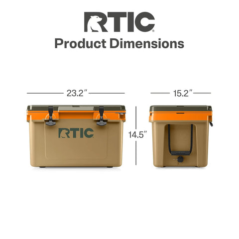 Front and side view of Ultra Light 32 Quart Cooler That Weighs 30 Percent Less Than Rotomolded Coolers with dimensions shown.