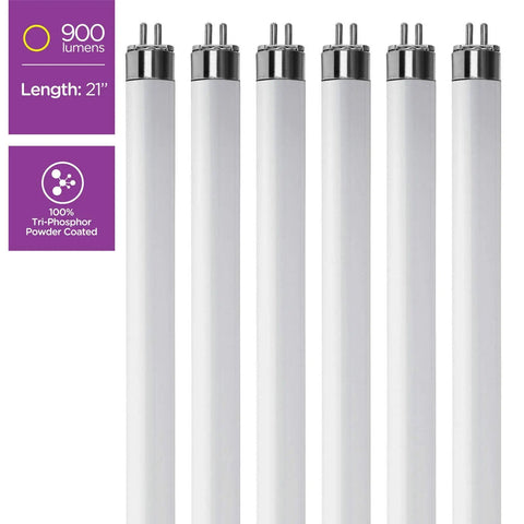 Pack Of 6 F13T5 CW Fluorescent Tubes, 21 Inch Long, 13 Watt, 4100K Cool White Light, 900 Lumens, super long life T5 bulbs
