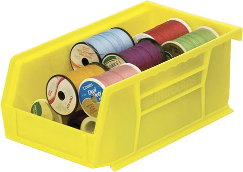 Go-To Stackable Plastic Storage Bins For Garage, Pantry, And Craft Room, Space-Saving Yellow Organizers holding thread spools