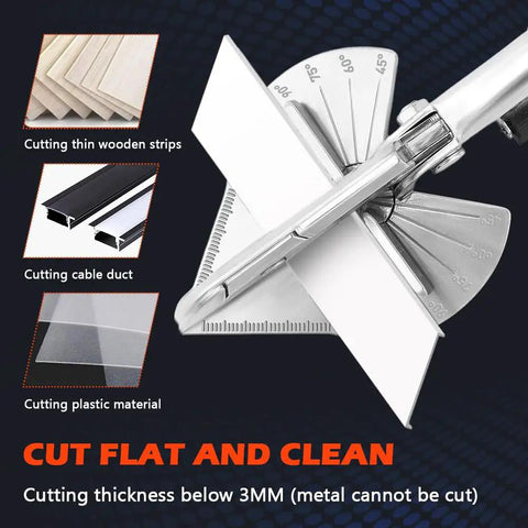 Kickass Heavy Duty Miter Shears Multi Angle Cutter showing adjustable angles for cutting thin wood, plastic, and cables.