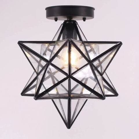 Moravian Star Tiffany Style Clear Glass Ceiling Light With Matte Black Base 12 Inch Shade 14 Inch Fixture Hardwired E26 Bulb Ready