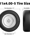 Flat Free 11x4.00-5 Lawn Mower Tire And Wheel Set For Zero Turn Mowers, shown front and side with size details, black.