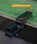 Clamp On Tractor Bucket Hitch Receiver Adapter with Chain Hook and Lifting Ring on green surface, side view