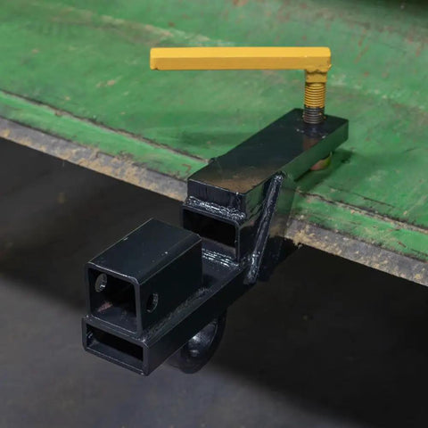 Clamp On Tractor Bucket Hitch Receiver Adapter with Chain Hook and Lifting Ring on green surface, side view