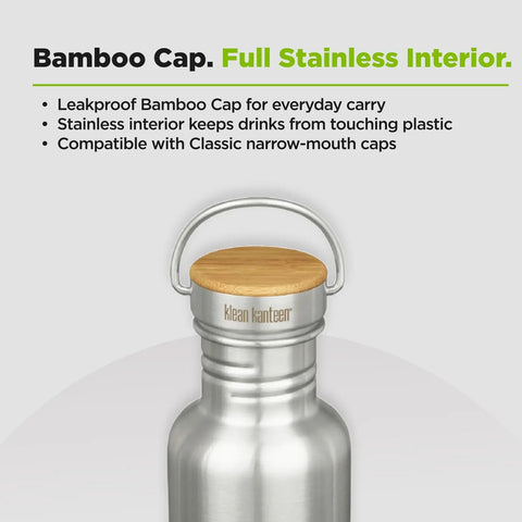 27 Oz Brushed Stainless Steel Water Bottle With Bamboo Lid Leak Proof Reusable Drinkware displaying bamboo cap and stainless interior.