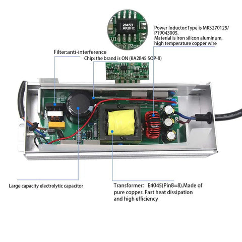 Internal view of Beefy 250W 12V DC LED Driver Power Supply For Outdoor Use IP67 Waterproof Transformer showcasing components and wiring