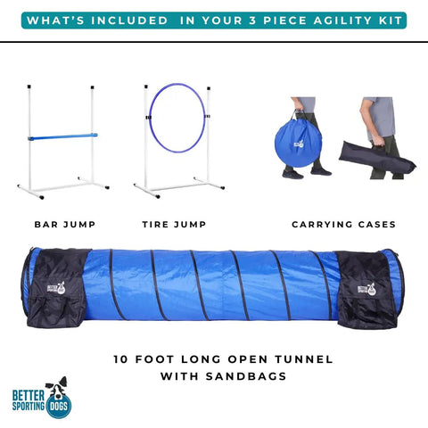 Backyard Dog Agility Set 3 Piece Essential Agility Equipment For Canine Training With A 10 Foot Tunnel Adjustable Tire Jump 24 Inch
