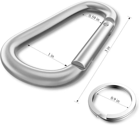 Six Pack 3 Inch Aluminum Carabiner Clips Keychain Hooks Silver Lightweight Durable For Everyday Carry And Key Fob Gear Dope Snap Hook Clips For Lanyards Backpacks And Outdoor Use, shown with measurements for dimensions.