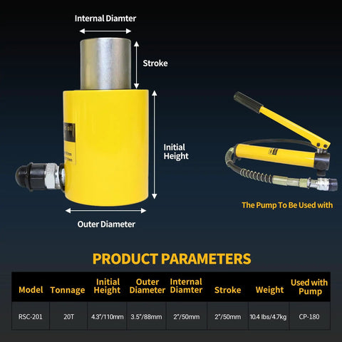 20 Ton Hydraulic Cylinder Jack, Heavy Duty Porta Power Ram With Hand Pump showing dimensions and specifications for heavy lifting tasks.