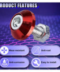 Dope 4 Pack M6 License Plate Screws For Cars Trucks And Motorcycles Built From Heavy Duty Aluminum Alloy Featuring Anti Theft Security Bolts In A Slick Red Finish To Keep Your Rig Tight And Sharp, showing a close-up of a red anodized bolt.