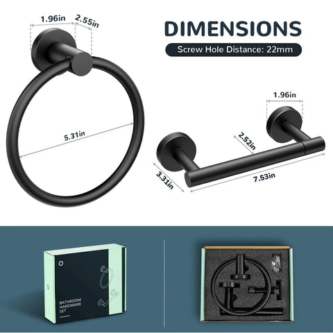 Dimensions of Matte Black Wall Mount Toilet Paper Holder With Pivoting Double Post Tissue Roll Holder And Hand Towel Ring Set
