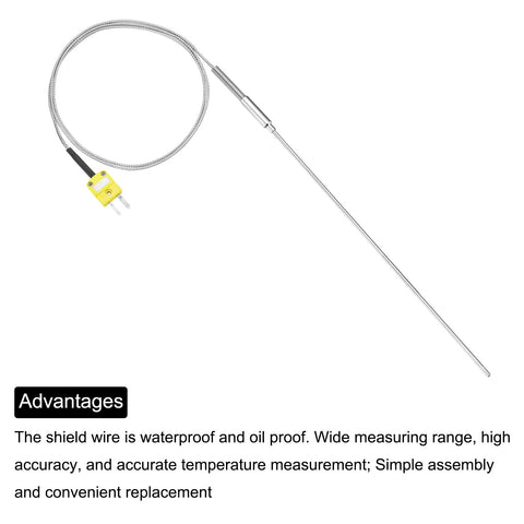 MECCANIXITY K-Type thermocouple with plug; stainless steel probe, 3.2×300mm, 3.3 ft wire