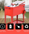 Red 80 quart rolling cooler cart with lift-off top, bottle opener, catch tray, and bottom storage shelf on a patio.