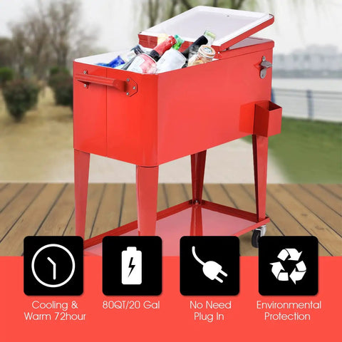 Red 80 quart rolling cooler cart with lift-off top, bottle opener, catch tray, and bottom storage shelf on a patio.