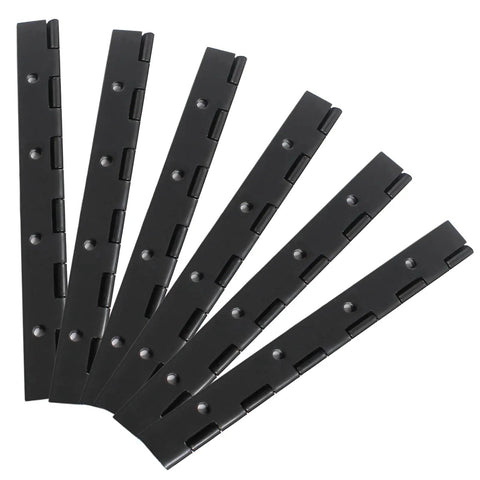 Six Piece Heavy Duty Matte Black Piano Hinges 8 Inch Continuous Steel Hardware Rust Proof, showing six matte black strips.