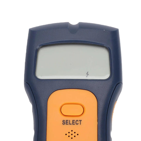 ViaGasaFamido Stud Finder Wall Scanner with LCD Display for Live Wire and close-up of the LCD screen and button controls.