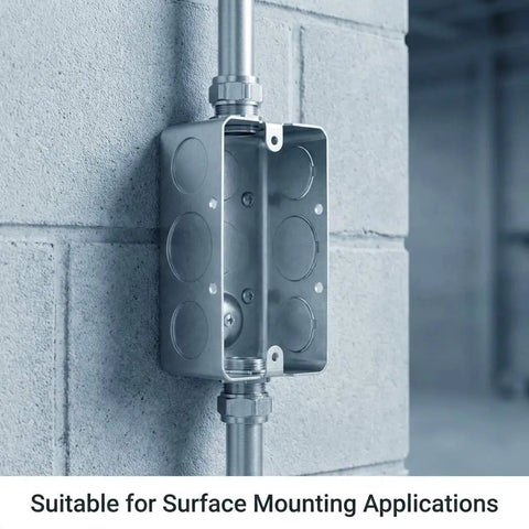 Installed Electrical Box 12 Pack 4 By 2 Inch, 13 Cubic Inches, Deep One And Seven Eighths Inch, Galvanized Steel, surface mounted on wall.