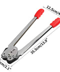 Top Shelf Heavy Duty Manual Strapping Tool For Plastic Strap Crushes Heavy Lifting Tasks Without A Sweat Built In Tensioner Sealer And Cutter For Half To Three Quarter Inch Bands. Close-up view showing red handles and dimensions.