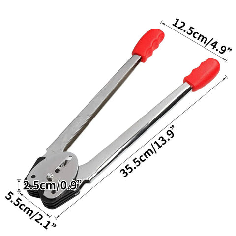 Top Shelf Heavy Duty Manual Strapping Tool For Plastic Strap Crushes Heavy Lifting Tasks Without A Sweat Built In Tensioner Sealer And Cutter For Half To Three Quarter Inch Bands. Close-up view showing red handles and dimensions.