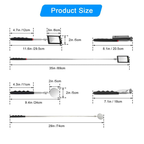 Two Pack Telescoping Inspection Mirror With LED Light Round And Square Heads Handy Tool dimensions and sizes