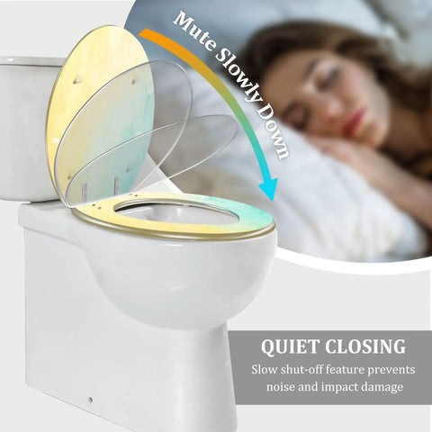 Elongated Toilet Seat Quiet Close Bathroom showing quiet closing feature on a toilet with a colorful seat lid.