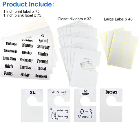 Pearl White Large Rectangular Closet Dividers Set With 16 Clothing Rack Size Dividers, 60 Labels And 16 Blank Labels shown