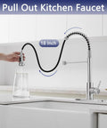Chrome Kitchen Faucet With Pull Out Sprayer, Commercial Spring Design, High Arc Spout in kitchen shown with pull-out sprayer