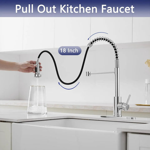 Chrome Kitchen Faucet With Pull Out Sprayer, Commercial Spring Design, High Arc Spout in kitchen shown with pull-out sprayer
