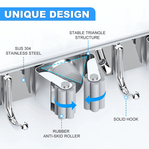 Broom And Mop Holder Wall Mount Organizer With Five Racks And Four Hooks showing stainless steel and rubber anti-skid rollers.