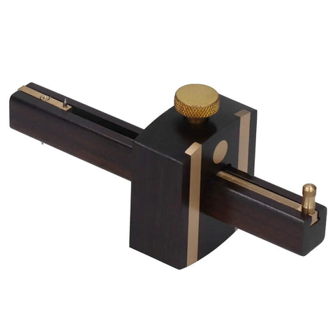 Heavy Duty Top Shelf 8 Inch Adjustable Marking Gauge Featuring Slick Triple Needle Scribe For Tight Layouts And Gotta Have Woodworking Carpentry Projects Now, ebony brass frame with triple needle design.