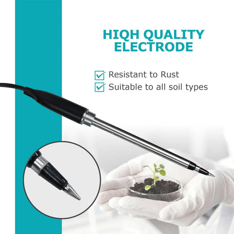 Pro Grade Soil EC Meter 2 In 1 Temperature Tester With Corded Sensor, close-up of rust-resistant electrode in hands
