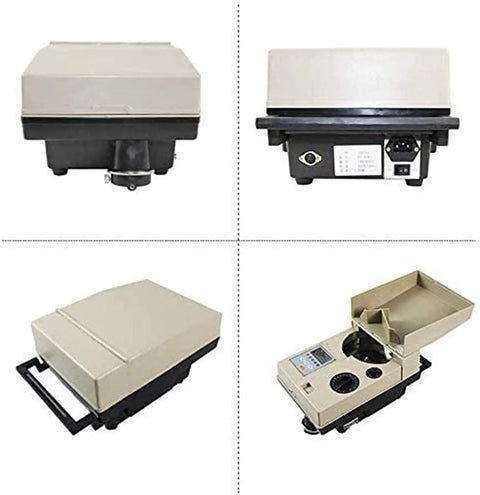 Built Different Automatic Coin Sorter And Money Counter With Bright Digital Display Made For Tough Retail Hustles showing top and side views with hopper.