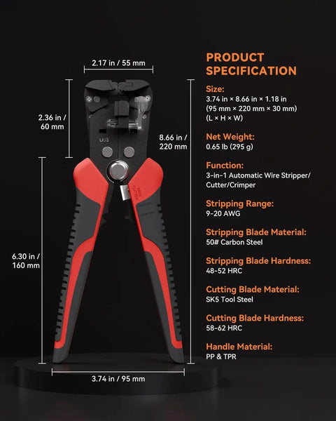 Diagram showcasing specifications of the Self Adjusting Wire Stripper 3 In 1 Automatic Tool For 9-20 AWG Cables.
