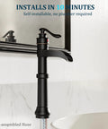 Oil Rubbed Bronze Vessel Sink Faucet With Waterfall Spout Tall Deck Mount Bathroom Tap installed by a mirror