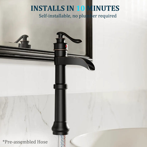Oil Rubbed Bronze Vessel Sink Faucet With Waterfall Spout Tall Deck Mount Bathroom Tap installed by a mirror