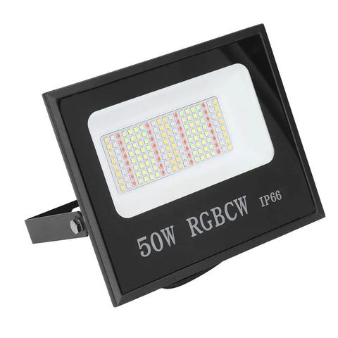 Onythral LED Flood Light with 50W RGBCW, IP66 rated, showcasing bright LED chips in a sleek black frame.