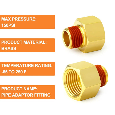 Five Piece Beefy Brass Pipe Fitting Reducer Adapter Set Three Eighths Inch Female To One Quarter Inch Male Includes Sealant
