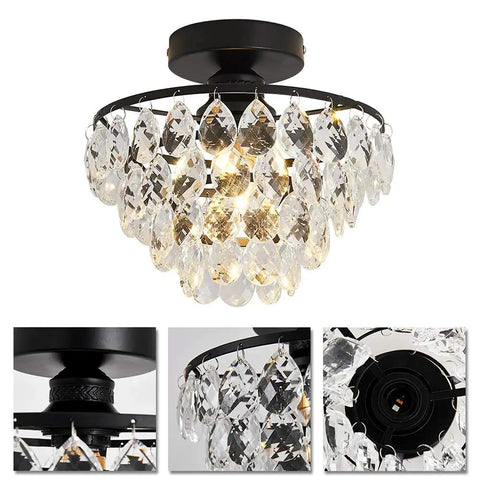 Modern Black Crystal Ceiling Light Fixture Semi Flush Mount Chandelier For Hallway Bedroom Bathroom Closet E26 Base 110V 60W Bulbs Not Included Compact Sparkling Glow with clear crystal details and black mount.