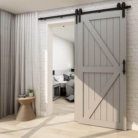 Sliding Barn Door Hardware Kit For Double Wooden Doors, 6FT Single Track System installed in modern home interior