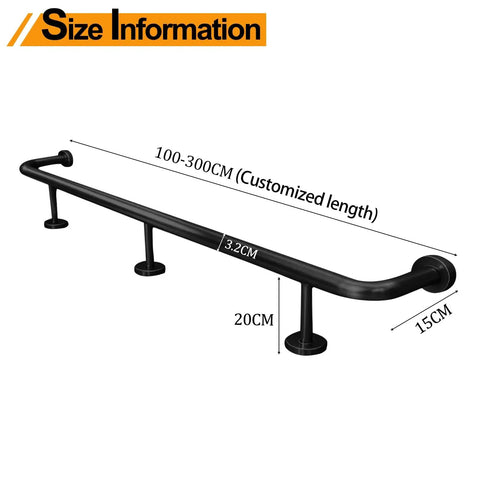 Bar Foot Rail Kit Stainless Steel Under Counter Mount Hardware With Foot Pedal shown in black finish with dimensions.