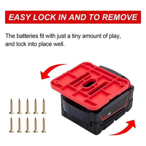 10 Pack Battery Holder For M18 18V Batteries Wall Mount Tool Holder Storage Case with screws showing easy lock installation.
