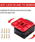 Close-up of red ABS battery bracket with screws, part of 20 Pack Tool And Battery Mounts For 18V M18 Cordless Tools, Wall Mount Organizer.