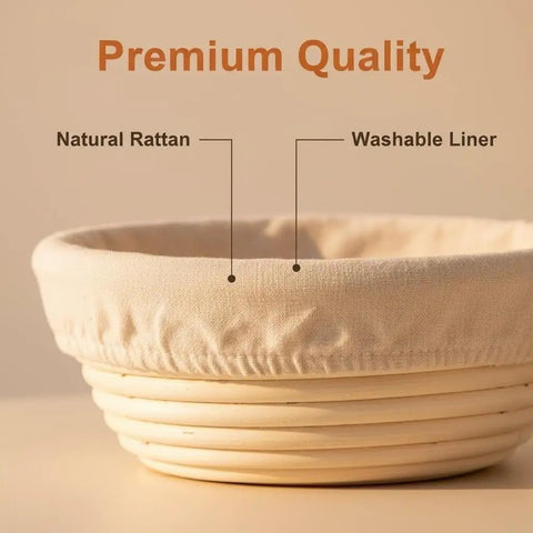 Close-up of Banneton Bread Proofing Basket Set With Liners, 9 Inch Round And 10 Inch Oval Sourdough Kit, showing natural rattan and liner