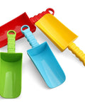 Big 9 Inch Beach Sand Shovels Set For Kids And Adults in red, yellow, blue, and green colors, made of eco-friendly ABS plastic.