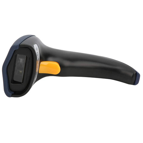 Wired 2D Barcode Scanner USB Plug And Play For POS System shown from a side angle, highlighting the sleek black and yellow design.