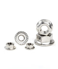 Hardworking M10 X 1.5mm serrated hex flange lock nuts in 304 stainless steel with bright finish full thread, front view