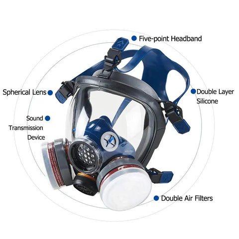 All Day Comfort Anti Dust Full Face Cover With Organic Vapor Protection For Paint Polishing Mold Construction And Welding Cleaning Anti Fog Lens Shield Wide View And Leak Free Seal with double air filters and five-point headband.